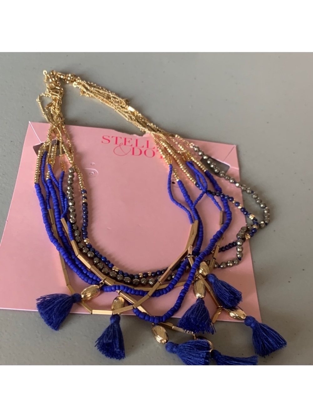 Stella & Dot Royal Blue Multi-Strand Tassel Necklace with Gold Accents